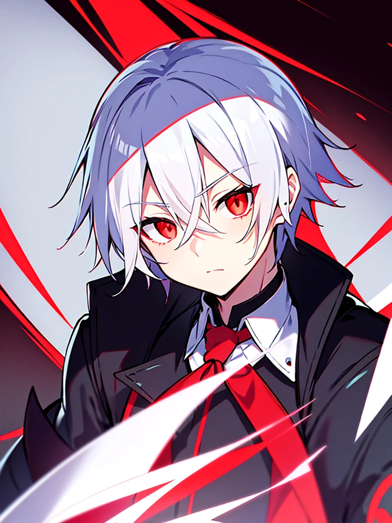 hight resolution,close range、Anime boy with white hair and red eyes staring at camera, Glowing red eyes,slim, dressed in a black outfit,Shadow Body,colorful backdrop,hair messy,yameroyandere, Diagonal angle