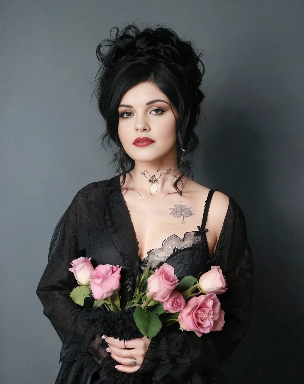 Mujer arafed con cabello negro y tatuajes sosteniendo un ramo de rosas., Sherilyn Fenn 2 6 years, goth woman, Melanie Martinez, mona lisa as a goth girl, Foto promocional, Sherilyn Fenn 2 2 years ago, ella la reina de las rosas negras, con flores, flores en su cabello oscuro, photo from a promotional session