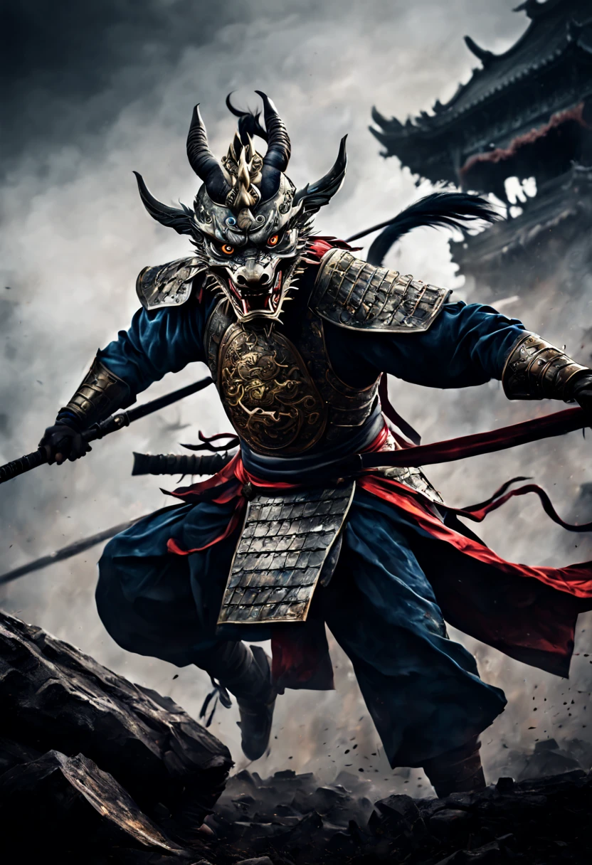 (first person,perspective,detailed,Chinese dragon:1.2,flying over,battlefield,chinese warriors,ancient warriors,ancient armor,martial arts,misty atmosphere,dramatic lighting,high contrast,warrior in action,adrenaline,action-packed,war cries,weapons clashing,fierce battles)
