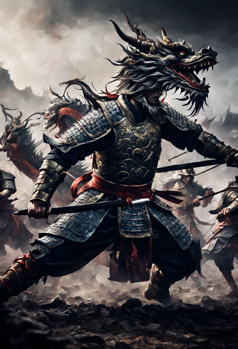 (first person,perspective,detailed,Chinese dragon:1.2,flying over,battlefield,chinese warriors,ancient warriors,ancient armor,martial arts,misty atmosphere,dramatic lighting,high contrast,warrior in action,adrenaline,action-packed,war cries,weapons clashing,fierce battles)