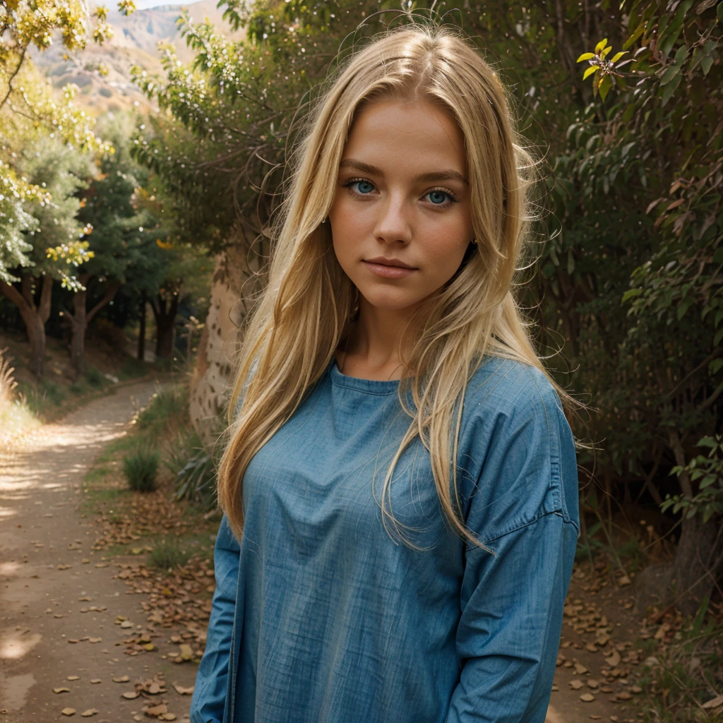 A blonde girl with blue eyes on a semi-mountainous path with typical Andalusian vegetation, long blonde hair, loose hair, realistic photo, wearing autumn clothes.