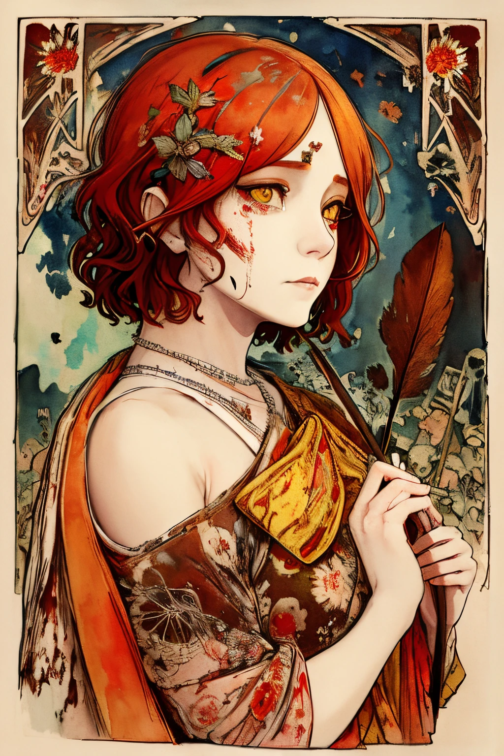 SFW,masutepiece, Best Quality, High resolution, 1girl, upper body, Details , detail hands, Detail fingers, Detail Face, detail legs, watercolor paiting, in graveyard, red hair, bobcut, wavy hair, tattered clothes, yellow eyes, zombie, skull, bone, (art nouveau:1.25), Maximalism artstyle, neon theme, suprematism, crying, beautiful detailed eyes, hyper detailed, beautifuly color, high details, high quality, back light, upper body, high quality, hair with body, cluster amaryllis, rotungwoka person, bow, in village, dead flower, bloody, indian, native american, feather, wing, plume