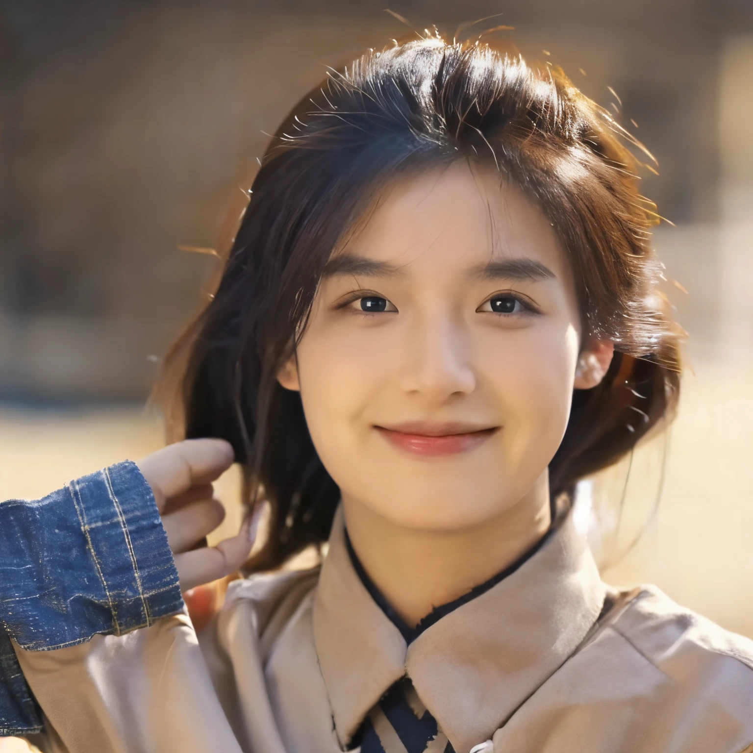 (masterpiece), realistic, (27 year old male), handsome face, wearing a simple beige shirt and denim skirt, studio lighting, cinematic light, handsome woman, beautiful black eyes, beige middle hair milk, perfect anatomy, very sweet smile, princess eyes, (black eyes), (head frame), center image, style, radiant, 8 life sizes, 8k resolution, human hand, curious, complete, graceful, close to perfection , dynamic, highly detailed, character sheet, concept art, subtle , positioned so that their bodies are symmetrical and balanced directly towards the viewer, amazingly beautiful Indonesian male in his 20s, detailed hairstyle,