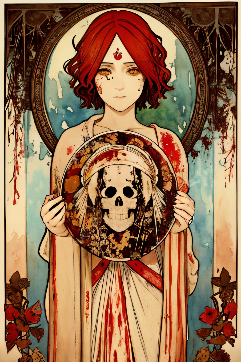 SFW,masutepiece, Best Quality, High resolution, 1man, upper body, Details , detail hands, Detail fingers, Detail Face, detail legs, watercolor paiting, in graveyard, Brown hair, short hair, tattered clothes, blue eyes, zombie, skull, bone, (art nouveau:1.25), Maximalism artstyle, neon theme, suprematism, crying, beautiful detailed eyes,hyper detailed, beautifuly color, high details, high quality, back light, upper body , high quality, hair with body, cluster amaryllis, zombie, hammer, blood, blue skin, in battlefield