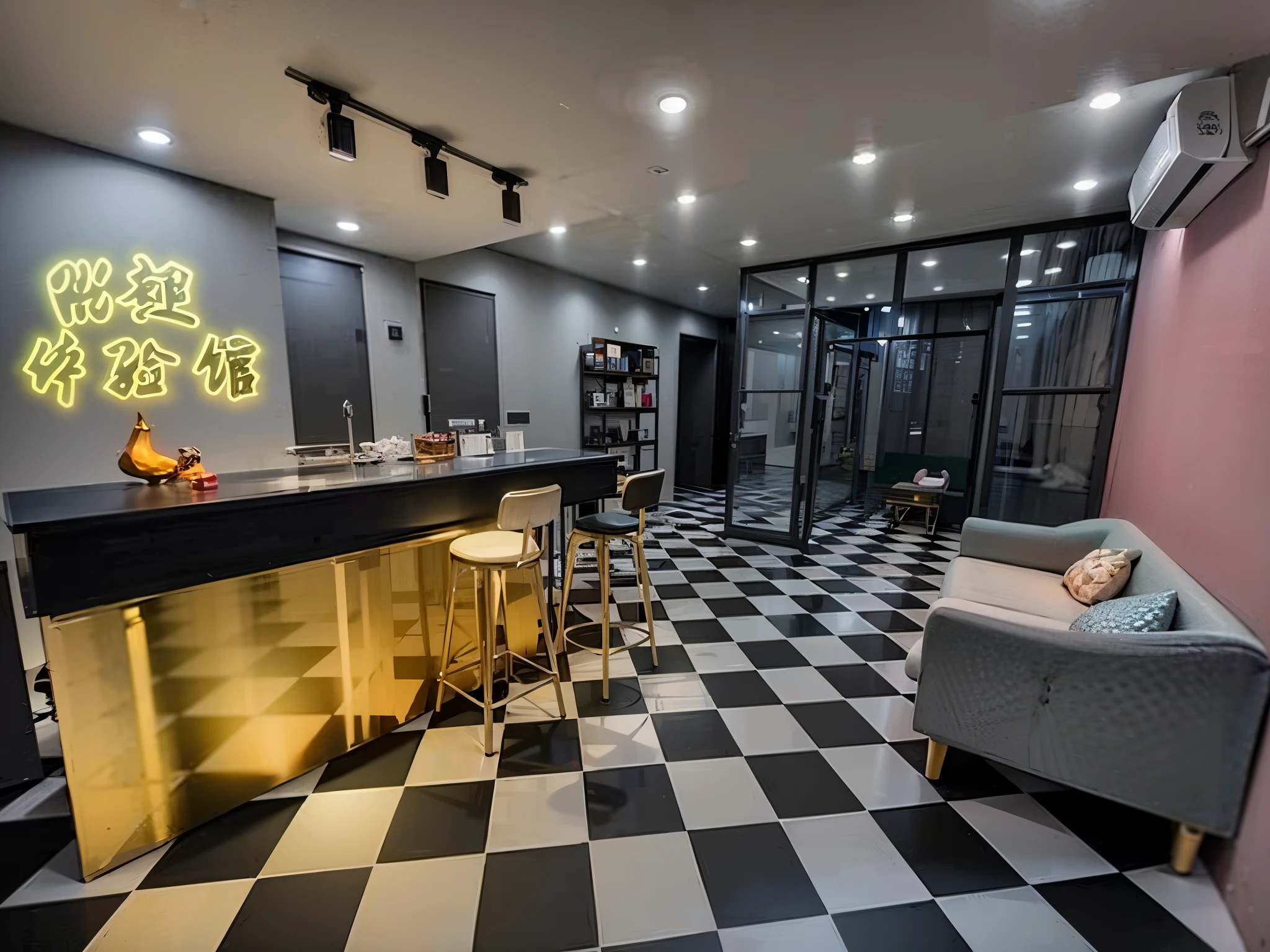 There  a bar，Neon sign hanging on the wall, Black and white coffered floor, black show room, Instagram posts, Luxury apartment, Apartment with black walls, dark showroom, escape room, Brightly lit style atmosphere, Shooting time 2 0 2 0, in a cyberpunk themed room, VIP Lounges, Modern look, luxurious environment, morden style