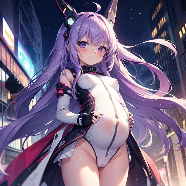 high quality, detailed, on street, in public space, girl, , 12 yansform heroine, cyber battle suit, tight- fitting suit, pregnant, breasts exposed, genital exposed, see through, long hair, purple hair, red ribbon, head gear, smile, blush, exposing their genitals, Spread the genitals, Swelling of the genitals, Messing with the genitals, white fluid dripping from genitals, focus on genital, from below,