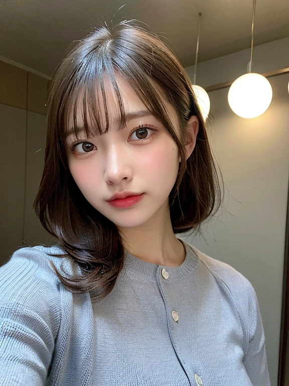(masterpiece:1.3), (8K, Photorealsitic, Raw photography, Top image quality: 1.4), 20 year old girl、(Random hairstyles:1.2)、Super Detail Face、Eye of Detail、二重まぶた、foco nítido:1.2、prety woman:1.4、light brown hair、poneyTail、Natural Color Lip、top-quality、masterpiece、超A high resolution、(Photorealsitic:1.4)、very detailed and professional lighting、wear a dark blue sweater、slender、serious facial expression、Transparent skin、randome pose、Glowing hair、Gravure Model Pose、
