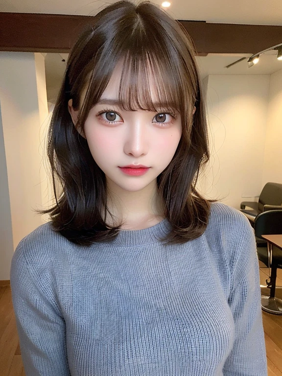 (​masterpiece:1.3), (8K, Photorealsitic, Raw photography, Top image quality: 1.4), 20 year old girl、(Random hairstyles:1.2)、Super Detail Face、Eye of Detail、二重まぶた、foco nítido:1.2、prety woman:1.4、light brown hair、poneyTail、Natural Color Lip、top-quality、​masterpiece、超A high resolution、(Photorealsitic:1.4)、very detailed and professional lighting、wear a dark blue sweater、slender、serious facial expression、Transparent skin、randome pose、Glowing hair、Gravure Model Pose、