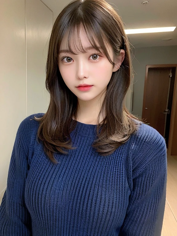 (masterpiece:1.3), (8K, Photorealsitic, Raw photography, Top image quality: 1.4), 20 year old girl、(Random hairstyles:1.2)、Super Detail Face、Eye of Detail、二重まぶた、foco nítido:1.2、prety woman:1.4、light brown hair、poneyTail、Natural Color Lip、top-quality、masterpiece、超A high resolution、(Photorealsitic:1.4)、very detailed and professional lighting、wear a dark blue sweater、slender、serious facial expression、Transparent skin、randome pose、Glowing hair、Gravure Model Pose、