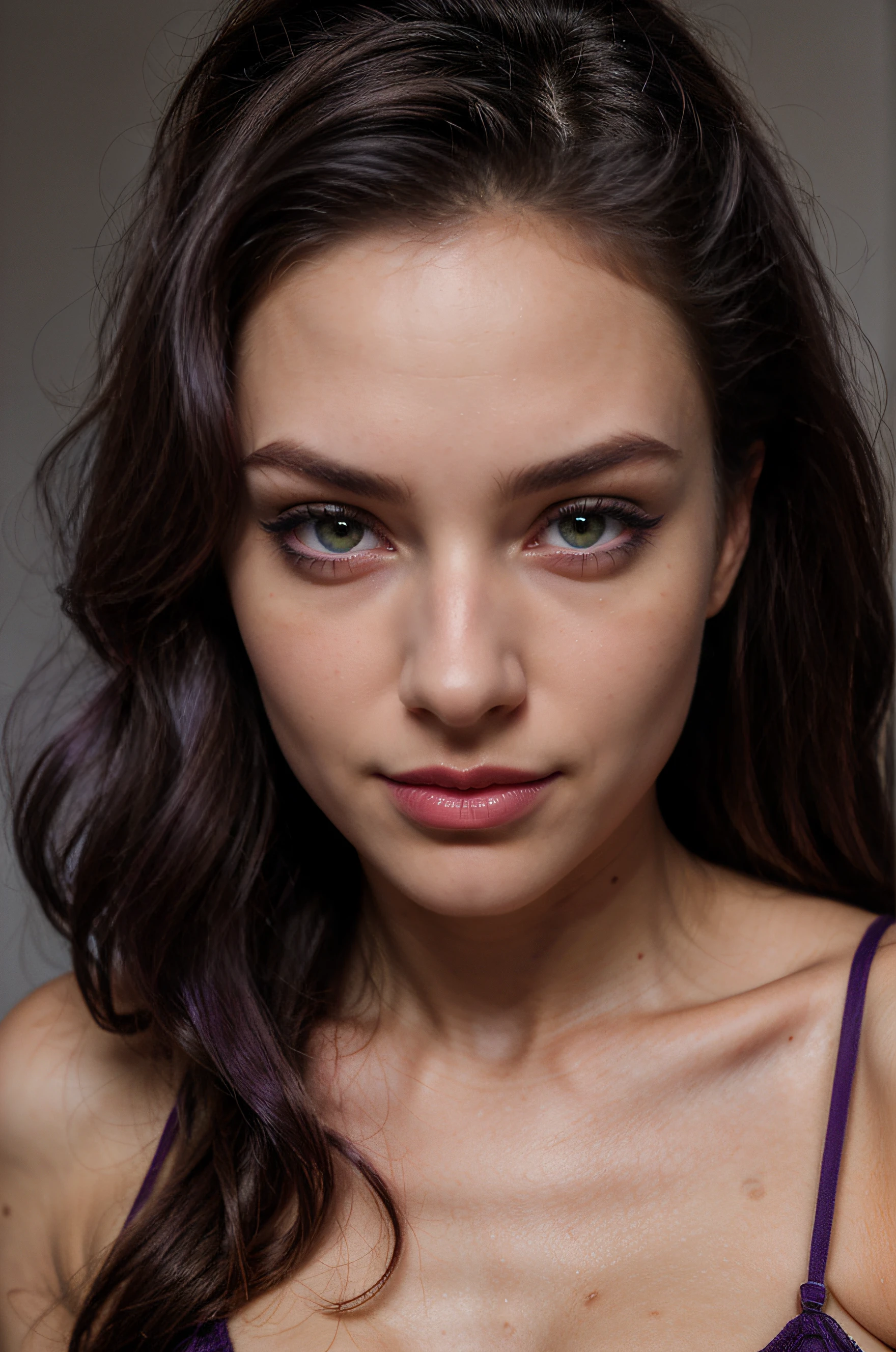 Best quality, ((zoom face view:1)), Masterpiece, Super sexy Italian 20-year-old, absolutely beautiful woman, all-European pretty girl nextdoor face, beautiful and enchanting, beautiful smile, (((darkish-purple girl))), ((Detailed purple hair)), perfect face, glossy lips, parted lips, eyeliner, (((hourglass body shape))), ((hot hourglass body))), instagram model, instagram shot, Photo of perfect eyes, (((super detailed face expression))), ((seductive look, cheerful surprising expression, looking towards camera, sensual detailed face))), 8k, perfect skin, beautiful smooth and feminine facial features, shining lips, detailed natural real skin texture, visible skin, anatomically correct, Realism, detailed symmetric hazel eyes with circular iris, Portrait, High detailed, eye contact,Detailedface