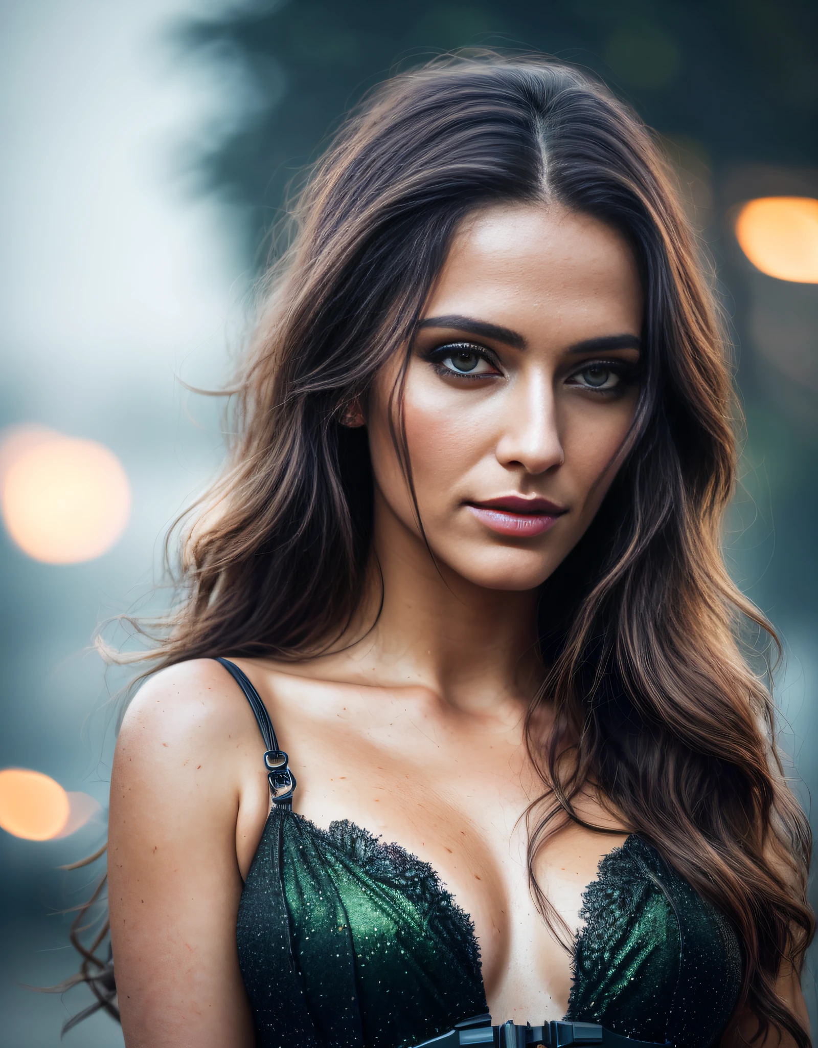 full face portrait photo of a 25 years old european girl, RAW, beautiful woman, half-open strawberry lips, dimples, longing gaze, green eyes, large pupils, large eyelashetra long wavy brown hair), ((detailed face)), ((detailed facial featureinely detailed skin), pale skin, (detailed deep cleavage high tech cyberpunk dress), cyberpunk megacity environment, (cold colors), damp, moist, reflectionasterpiece) (perfect proportion)(realistic photo)(best quality) (detailed) photographed on a Canon EOS R5, 50mm lens, F/2.8, HDR, (8k) (wallpaper) (cinematic lighting) (dramatic lighting) (sharp focus) (intricate)
