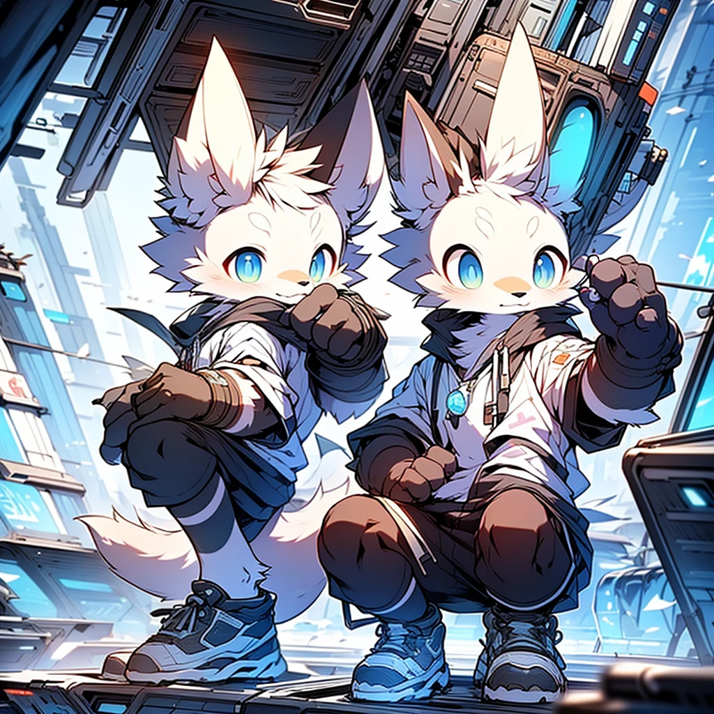 ,Young,独奏,Only one blue-patterned white fox,Wearing a cyberpunk style hoodie and shorts,The eyes are bright,face to the viewer,adolable,shaggy,Squatted
