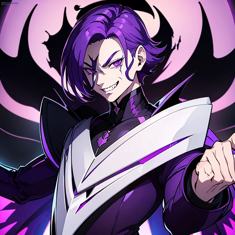 1 man, Purple Hair, pale skin, Vampire, Vampire suit, Grin, Evil, Dark Aura, Blank background, 8k, Ultra sharp