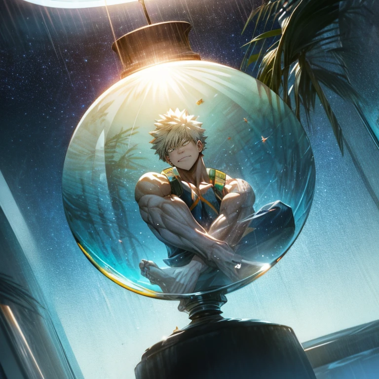 1boy inside glass, inside glass , in the transparent ball of glass, muscular buff male Bakugou Katsuki sitting inside a glass, happy, fantastical, sunny, shaded, colorful, stars,