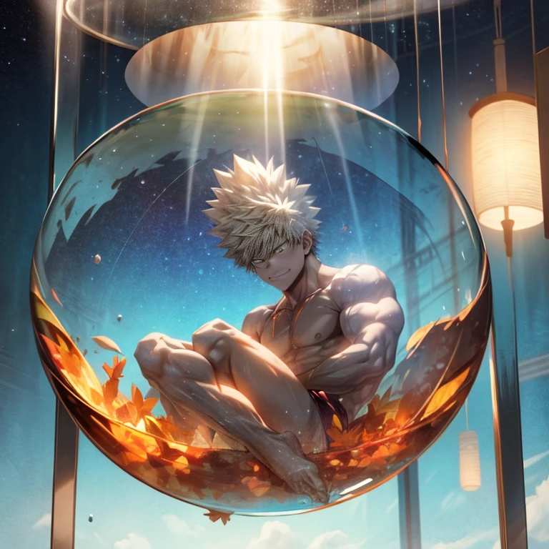 1boy inside glass, inside glass , in the transparent ball of glass, muscular buff male Bakugou Katsuki sitting inside a glass, happy, fantastical, sunny, shaded, colorful, stars,