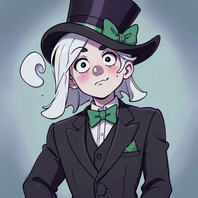 ((Obra maestra,La mejor calidad)), El fantasma tiene un cuerpo blanco con ojos y boca negros. He is dressed in a black top hat with a green band and a green bow tie. Furthermore, the ghost has a green gem on his chest purple theme, Cementerio en el fondo,