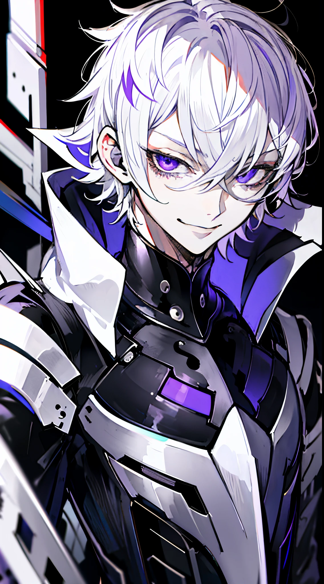 Masterpiece, best quality, high quality, ultra detailed, A man, solo, gantleman, black background, white hair, short hair, purple eyes, badass, smirk