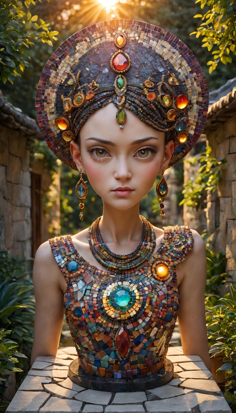 mosaic sculpture, external garden, flagstone road, mirai, the sunset, Asymmetrical hair, forehead jewel, hair adornments, bead necklace, hoop earings, smug, hyper realisitc, mirai, hyper realisitc, artistic décor, concept-art, Three-dimensional future, lightand shade contrast, Ray traching, mosaic art, wide wide shot, Best quality at best, A high resolution, Award-Awarded, tmasterpiece, 4K