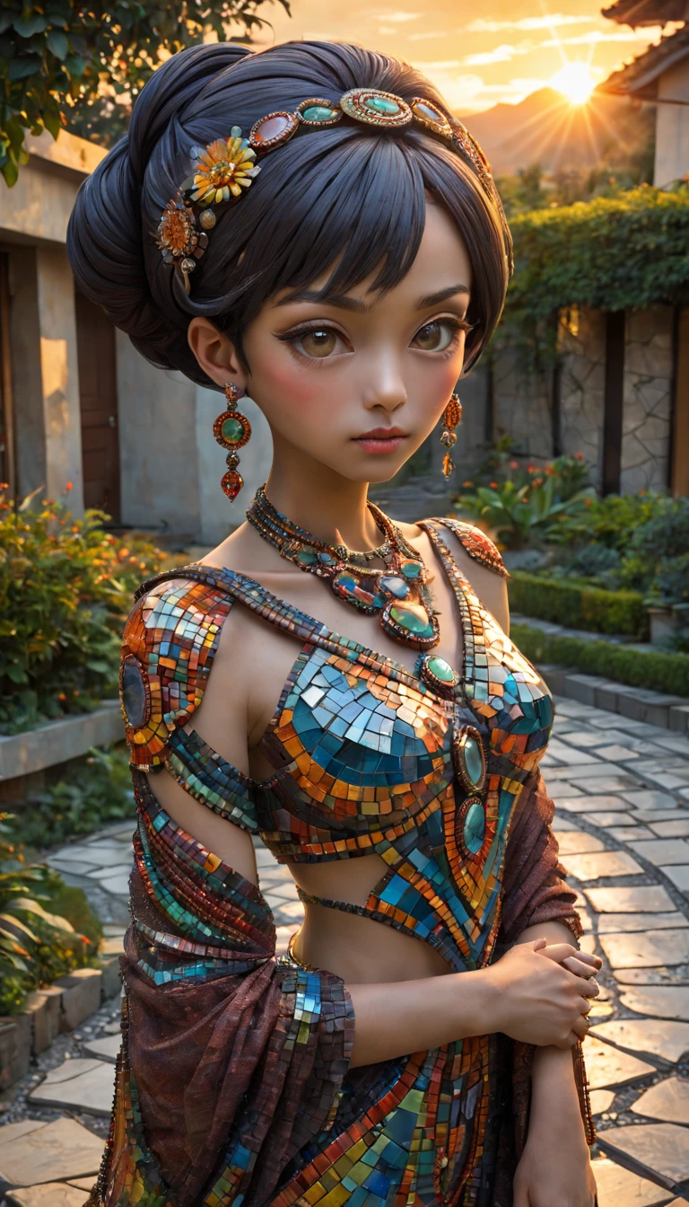 mosaic sculpture, external garden, flagstone road, mirai, the sunset, Asymmetrical hair, forehead jewel, hair adornments, bead necklace, hoop earings, smug, hyper realisitc, mirai, hyper realisitc, artistic décor, concept-art, Three-dimensional future, lightand shade contrast, Ray traching, mosaic art, wide wide shot, Best quality at best, A high resolution, Award-Awarded, tmasterpiece, 4K