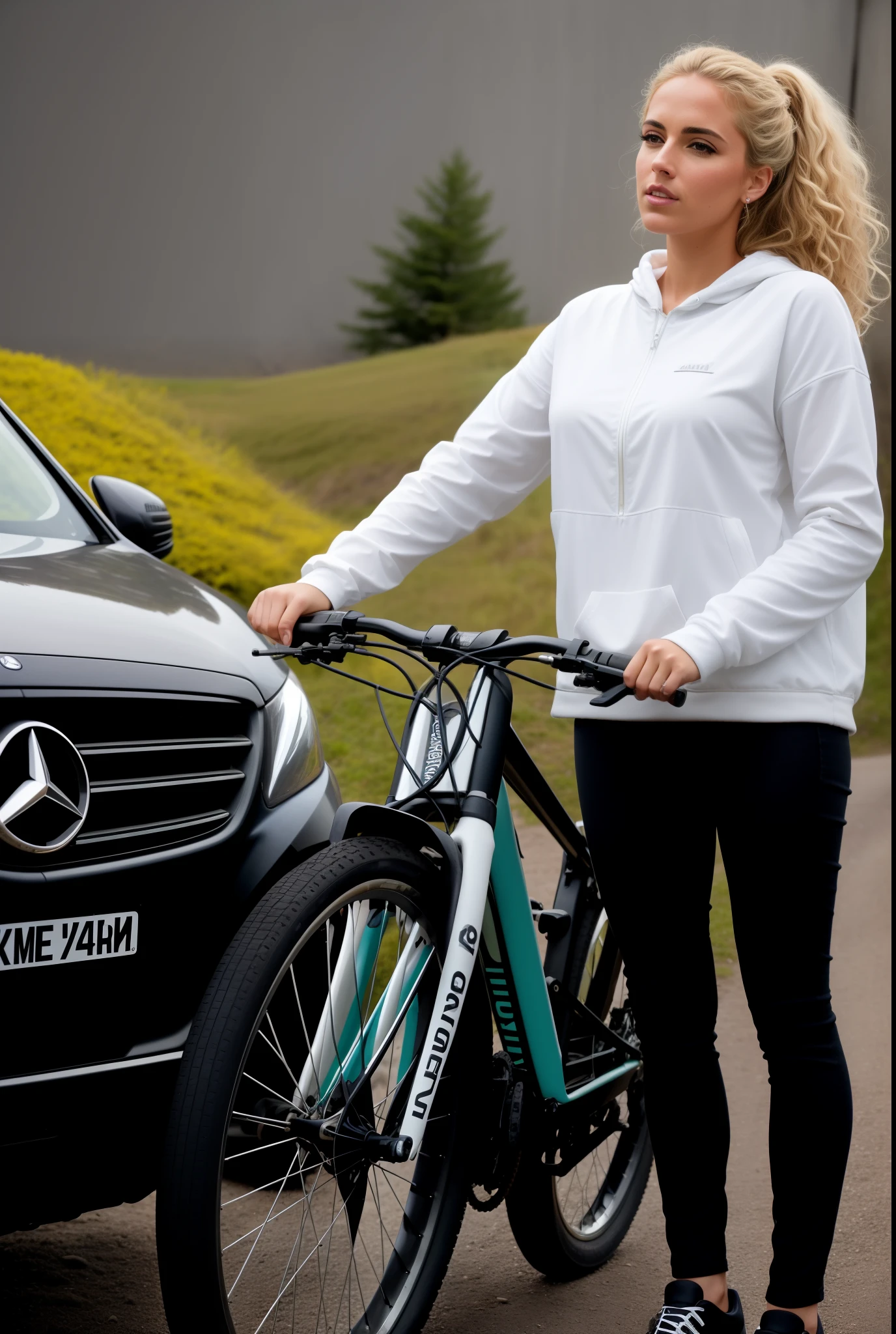 mulher arafiada parada ao lado de um carro com uma bicicleta, Motivacional, Video screenshot, Mercedes, 🤬 🤮 💕 🎀, em frente a uma garagem, easy to understand, Detalhe perfeito, effortless, imagem de uma motociclista feminina, Directed by: Edwin Georgi, Directed by: Alexander Brook, Detalhamento sutil, Detalhe poderoso, Prettt, horseback riding, video still, bicicleta no fundo