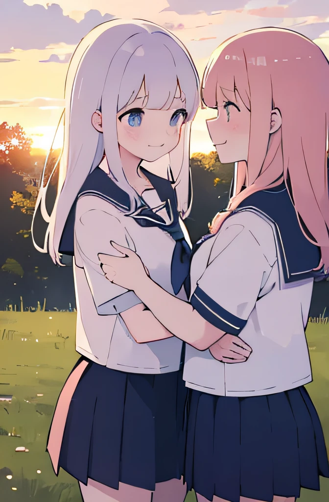 (masutepiece, Best Quality), 超A high resolution,2girls, School uniform, Sunset, Looking at each other, Embarrassed smile,