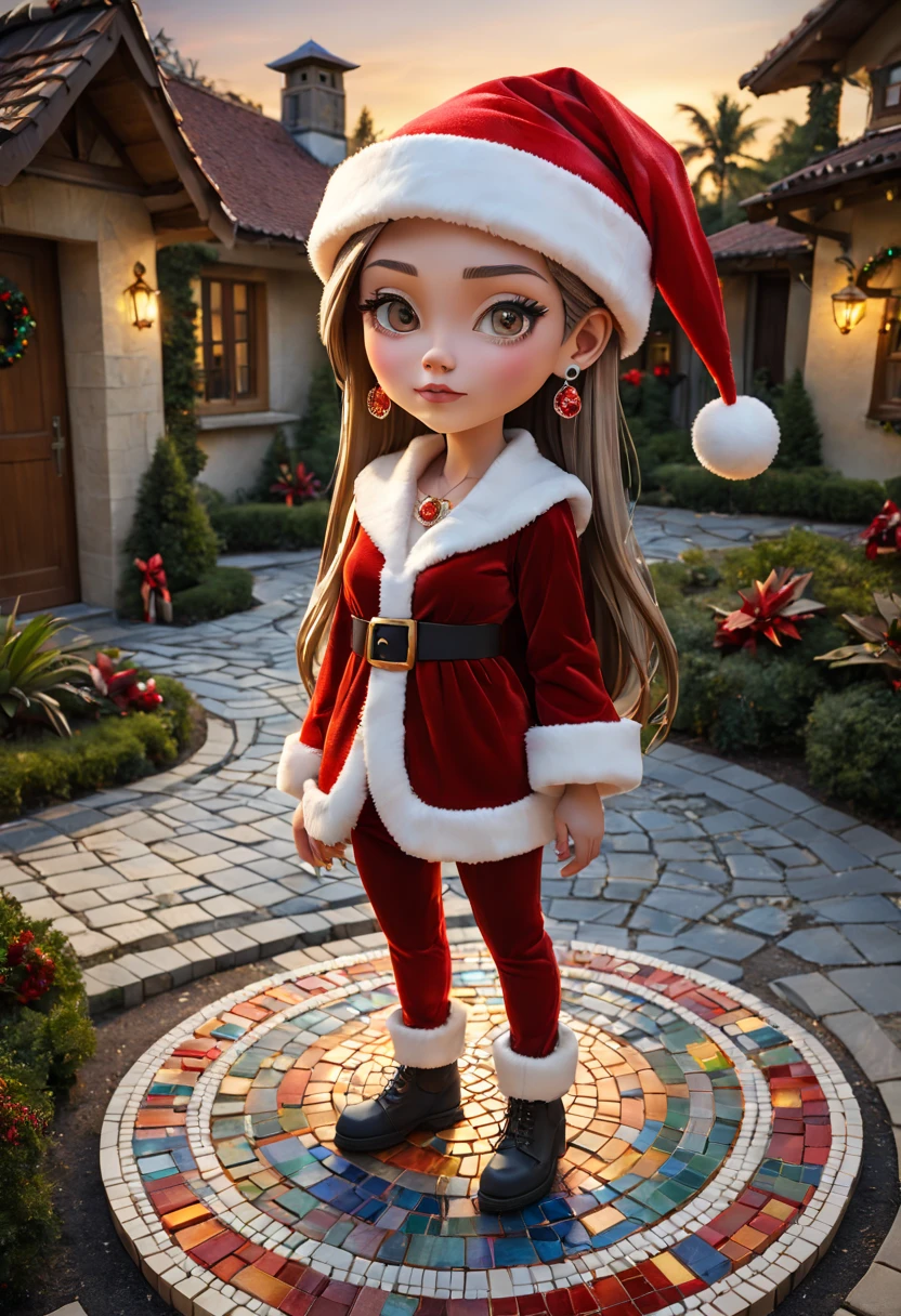 Christmas style,mosaic sculpture, external garden, flagstone road, mirai, the sunset, Asymmetrical hair, forehead jewel, (santa hat), bead necklace, hoop earings, smug, hyper realisitc, mirai, hyper realisitc, artistic décor, concept-art, Three-dimensional future, lightand shade contrast, Ray traching, mosaic art, wide wide shot, Best quality at best, A high resolution, Award-Awarded, tmasterpiece, 4K