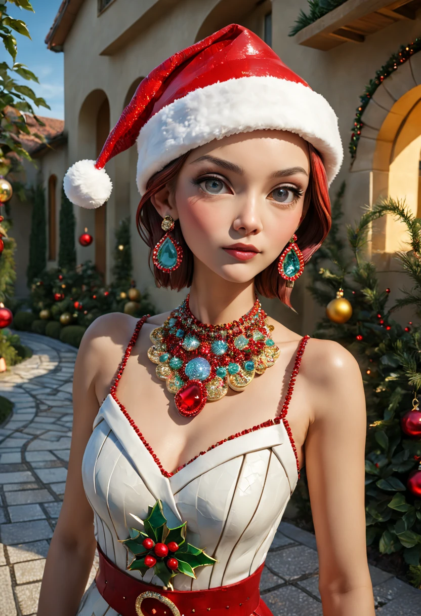 Christmas style，mosaic sculpture, external garden, flagstone road, mirai, the sunset, Asymmetrical hair, forehead jewel, (santa hat), bead necklace, hoop earings, smug, hyper realisitc, mirai, hyper realisitc, artistic décor, concept-art, Three-dimensional future, lightand shade contrast, Ray traching, mosaic art, wide wide shot, Best quality at best, A high resolution, Award-Awarded, tmasterpiece, 4K