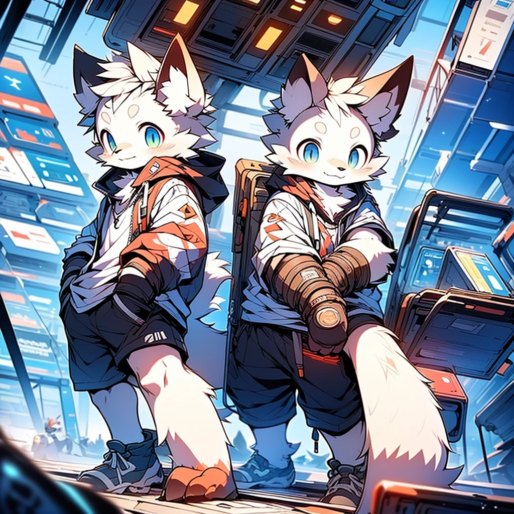 schoolboy,Young,独奏,Only one blue-striped white fox,Wearing a cyberpunk style hoodie and shorts,The eyes are bright,face to the viewer,adolable,shaggy,