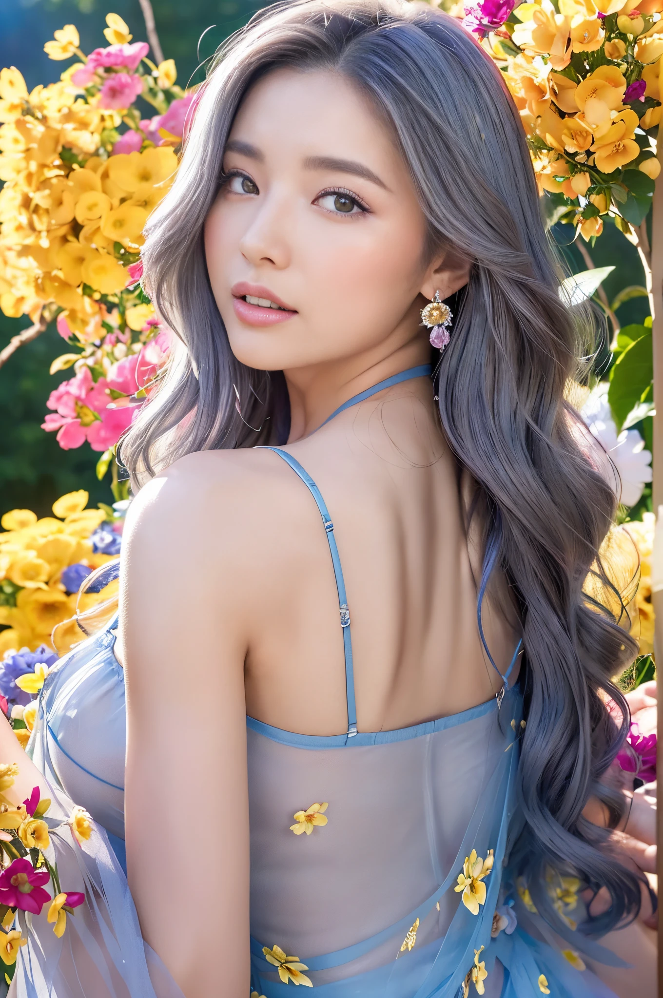 (8K Portrait:1.1、RAW Photos), (of the highest quality, Masterpieces:1.2)、(The ultra -The high-definition:1.2)、(portraitures, high resolution RAW color photos, Professional Photos)、Super Resolution、(Realistic, Real Photos: 1.1、Ortraat)、1 persons、super detailed, highly detailed and beautiful, Highly detailed, Amazing details、Cute beautiful woman with perfect body: 1.4、Slim big: 1.2、shinny skin、Glossy lips、High-definition face and skin texture、A detailed eye、二重まぶた、(5 Hands:1.1、Human hand)、Highly detailed and focused chest、(Full Body Angle:1.2)、((Gray hair color、Longhaire、Curled Hair)), ((Breast H Cup:1.2, Bursting breasts:1.2))、(High Definition Breast、happy facial expression), (full body Esbian、Angle from a distance)、((princess dress made of blue petals:1.3),(very beautiful flower princess:1.3), ((see through dress:1.Lying on my back on a bed made of flowers:1.2))、((lie on flowers))、(countless beautiful flowers々Inserting a into the)、(Colorful flowers々surrounded by hills of:1.2), (Wrapped in a warm and magical glow:1.1), (A fascinating fantasy world:1.0), (under the shining sky:0.9), (Petals whisper in the gentle wind:1.0),(A fantastic garden with a bright atmosphere:1.1), (A fascinating world beyond imagination:1.1), , (Sparkling petals scatter like confetti:1.1), (A fantastic aura that resonates with the harmony of flowers:1.2)