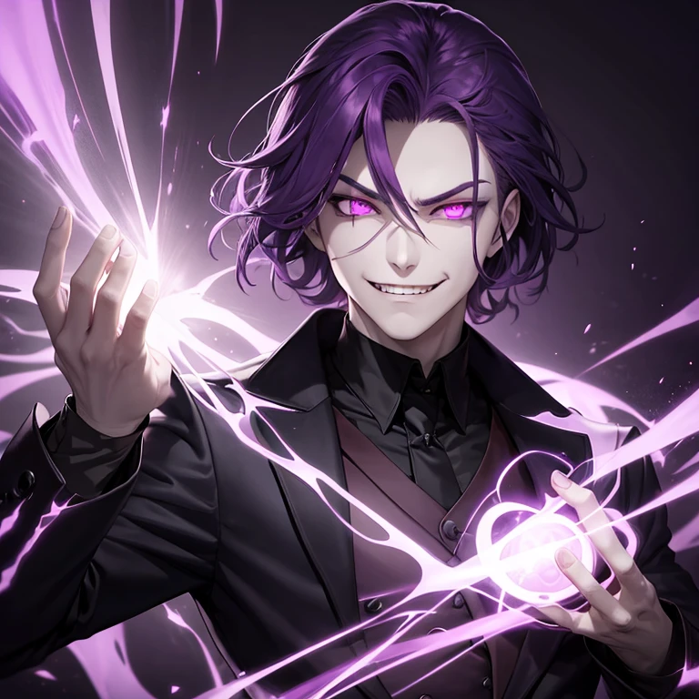 1 man, Purple Hair, pale skin, Vampire, Vampire suit, Grin, Evil, Dark Aura, Blank background, 8k, Ultra sharp