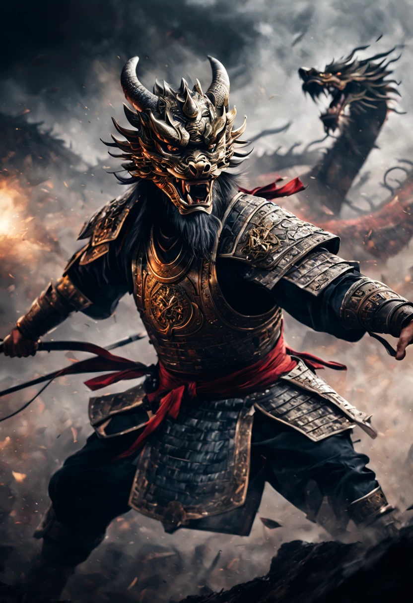 (first person,perspective,detailed,Chinese dragon:1.2,flying over,battlefield,chinese warriors,ancient warriors,ancient armor,martial arts,misty atmosphere,dramatic lighting,high contrast,warrior in action,adrenaline,action-packed,war cries,weapons clashing,fierce battles)