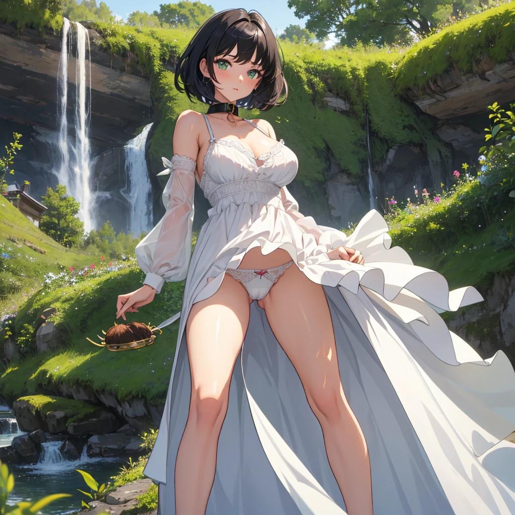 masterpiece, best quality, one beautiful girl, beautiful gleen forest, forest, woman wearing slave collar, chaste woman, short hair, really fluffy hair, black hair with grey highlights, green eyes, hair blowing in the wind, look up at the front, look of confusion, white dress, Big breasts, underwear only, cute lingerie, underwear model, collar, breathtakingly beautiful, gms,