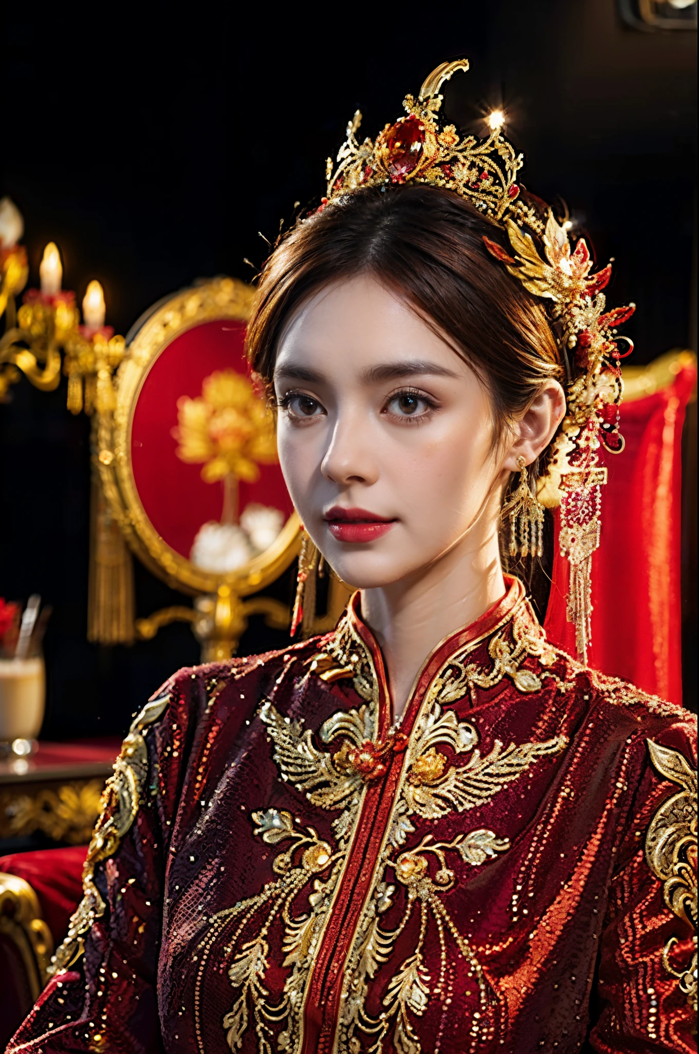 A woman in a red and gold dress,Phoenix crown,photo, studio lighting, Sony A7, 35mm, best quality, masterpiece, 8k, UHD, hyper-realistic, big depth of field, concept art, colors, hyperdetailed, hyperrealistic, (big depth of field), (ambient light), ((cinematic))