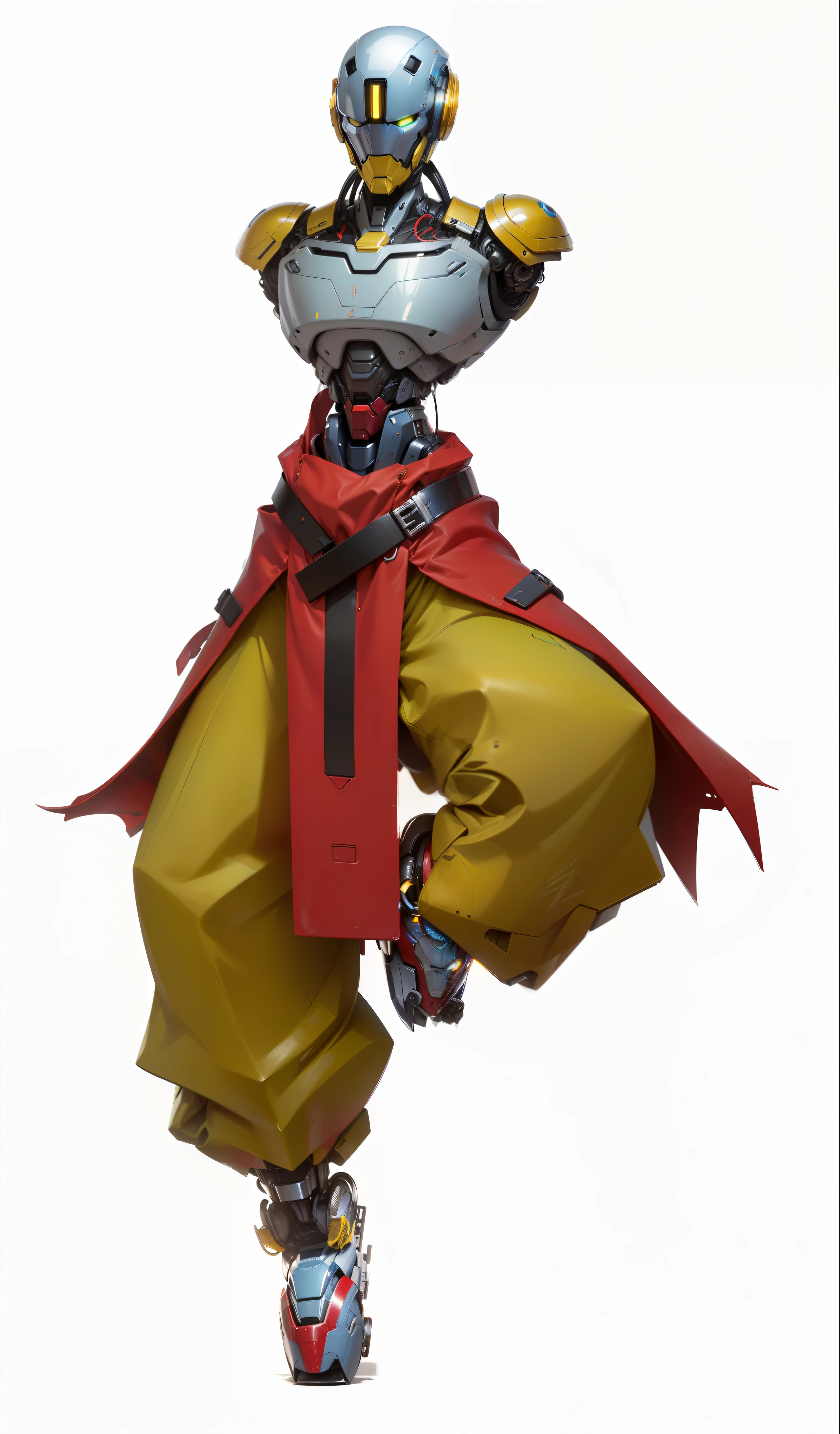 inner plane, ((A futuristic looking blue chrome robot man)) with a fantastic ((Glowing Square Cyber Helmet Head)), Wear one (((Technology suit metal))), humanoid robots, ((Tactical gloves iron gray)), Mechanical neck, hyper HD, Anatomically correct, Best quality at best, The main part，baggy yellow pants，Red belt，