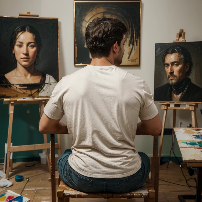 Generate a high-quality image using artificial intelligence with advanced levels of detail and a cinematic style. Create an image of a man with his back turned, wearing a painter's outfit, sitting in a chair, painting a canvas. On the canvas, depict him attempting to draw his own face in a room environment, surrounded by various paintings, none of which reveal his face.
