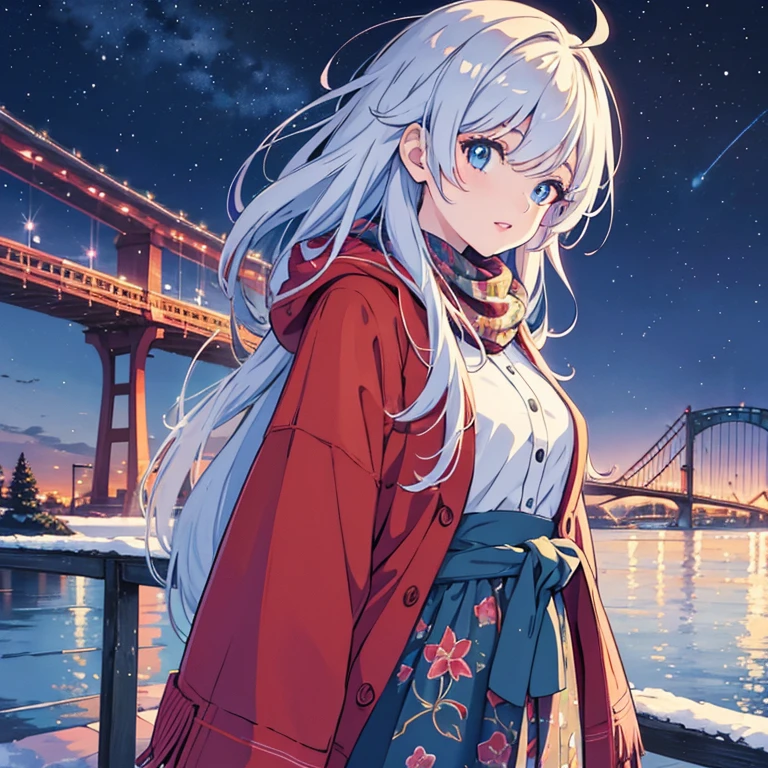 Colorful lips, (Girl looking at a bridge in the distance), Quiet place, Colorful hair, Beautiful eyes, Anime, Illustration, Masterpiece, Top quality, Absurd, High resolution, 8K, (Background detail), Air, Landscape, ( Winter: 1.3), (Night Sky): 1.5), Moonlight, Wide Shot,