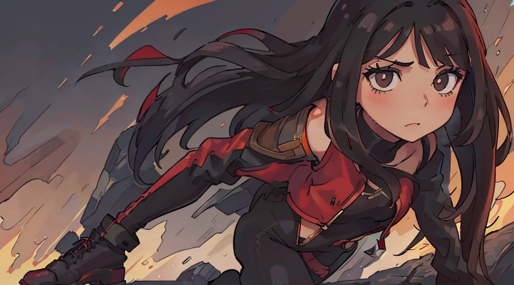brunette girl with shoulder-length straight hair, com 1,53 de altura, olhos meio puxado magro, with combat boots, black pants and a red bodysuit with a black leather jacket
