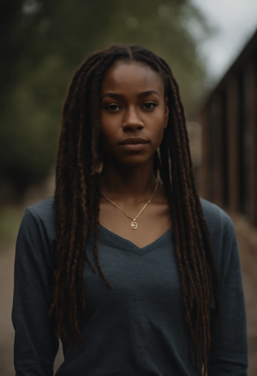 A young black woman, 18 years old, militant, woke, wearing a long sleeve tshirt and jeans, rebellious, determined expressions, short dreadlocks, walking outside of school, entire body visible, full body, hyperrealistic, best quality, 8K, real human skin, masterpiece, extremely intricate, detailed eyes, detailed face, detailed body, exaggerated features, pronounced features