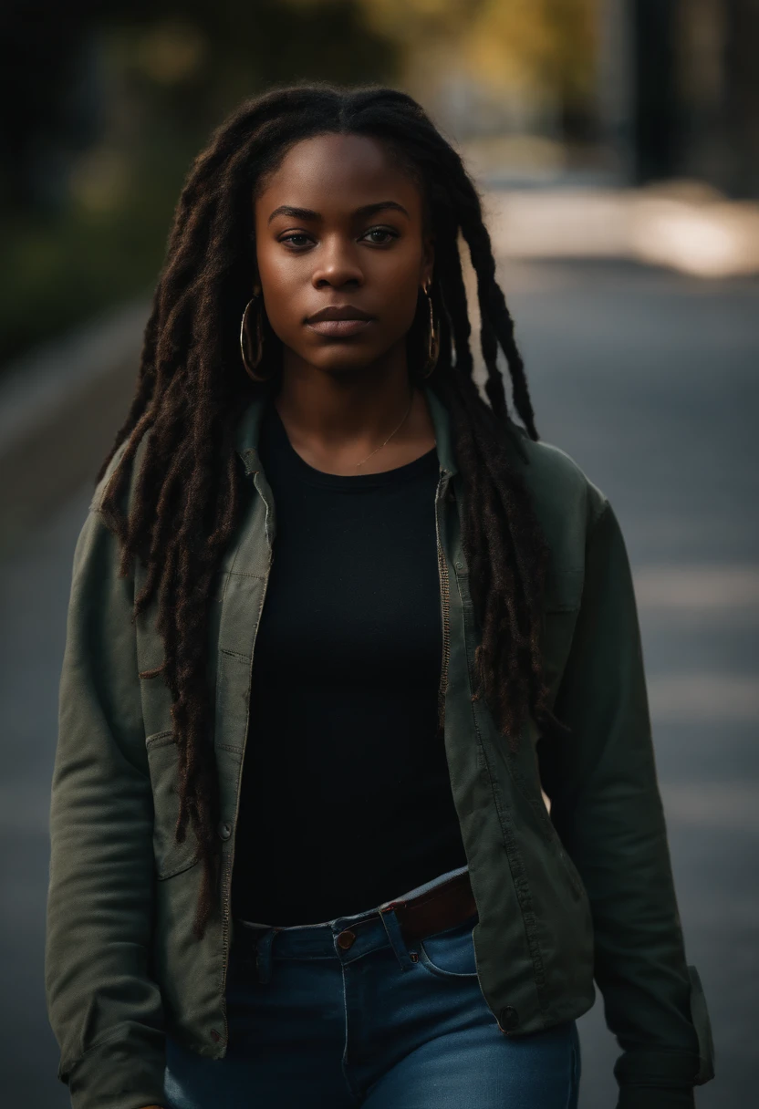 A young black woman, 18 years old, militant, woke, wearing a long sleeve tshirt and jeans, rebellious, determined expressions, short dreadlocks, walking outside of school, entire body visible, full body, hyperrealistic, best quality, 8K, real human skin, masterpiece, extremely intricate, detailed eyes, detailed face, detailed body, exaggerated features, pronounced features