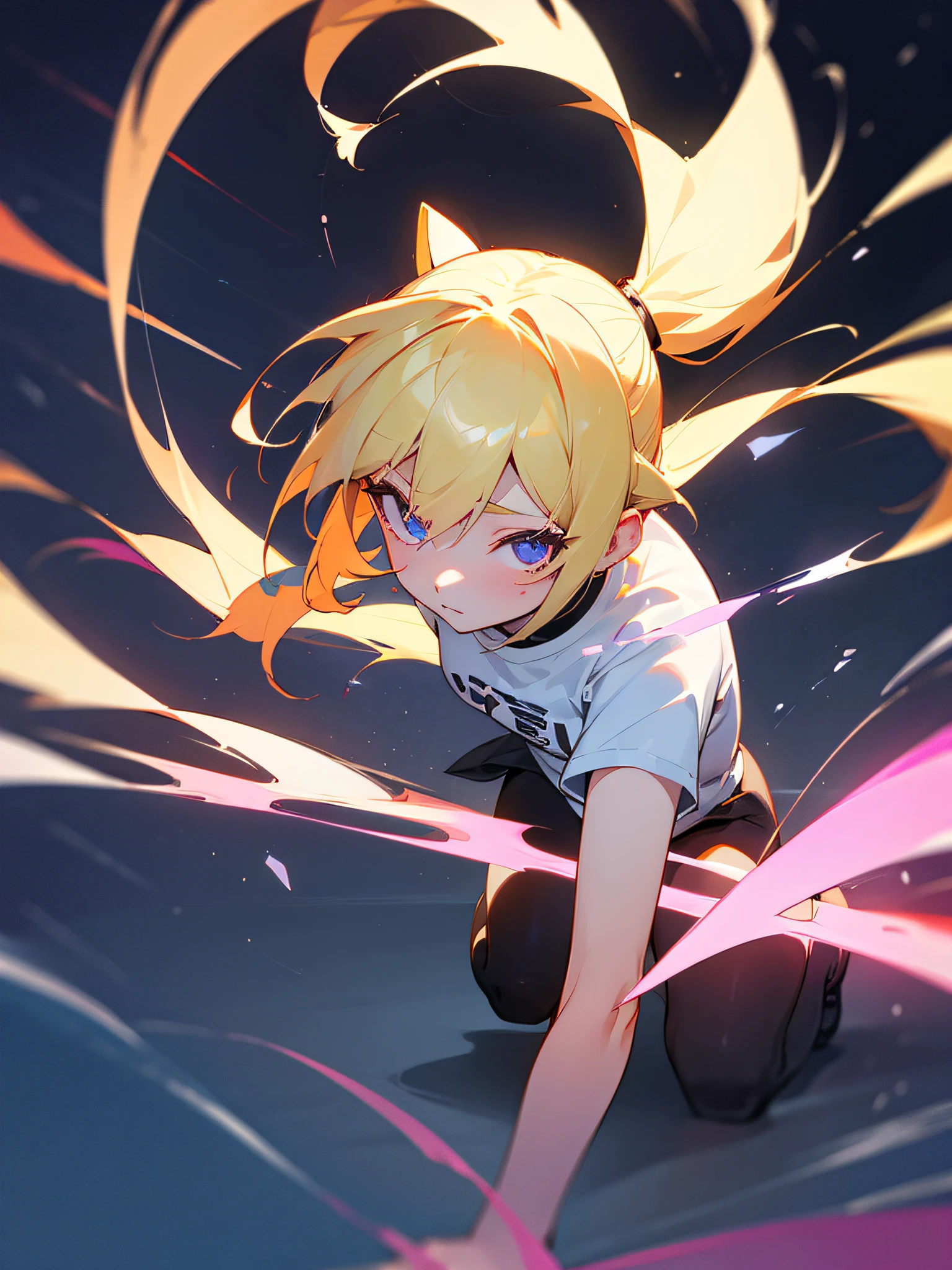 1 female、独奏、a blond、Looking at the camera、full body Esbian、poneyTail、tshirts、skiny、Night town、Neon tones throughout、Cool pose、Parkour