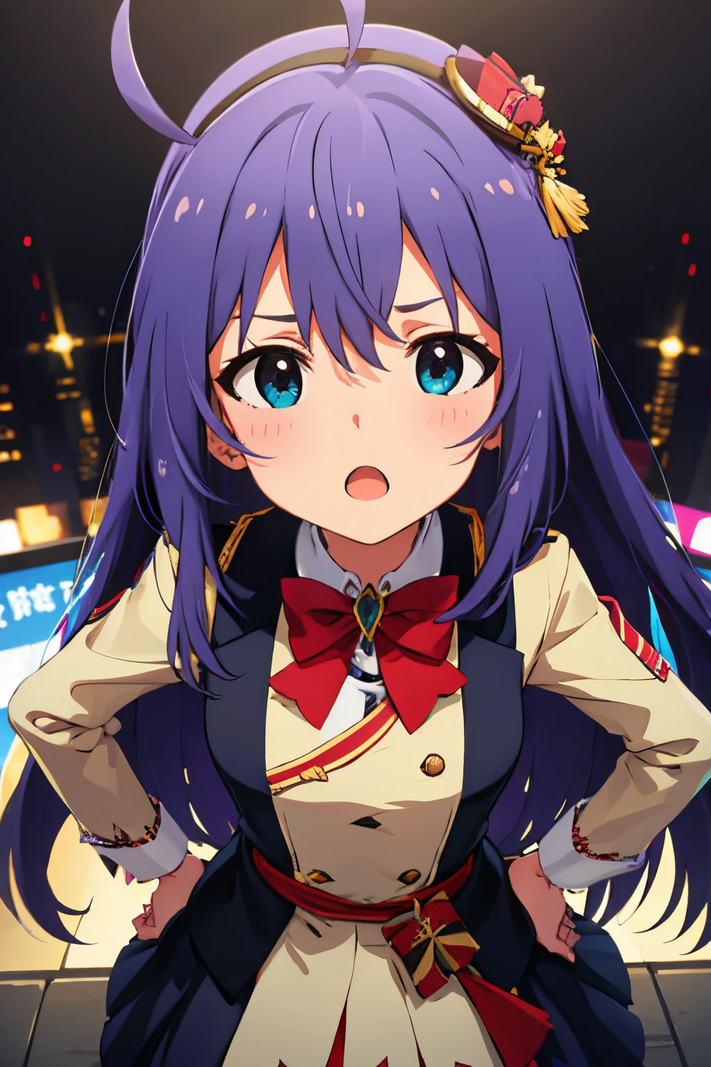{{{{{mochizuki anna}}}}},1girl,solo,long hair,purple hair,small_ahoge,blue eyes.short stature.idol clothes.skirt.beret.(((masterpiece))).(((best quality))).((ultra-detailed))).(((illustration))).night view.small Breasts.put hands on the hip.Sad face.open mouth.look from above