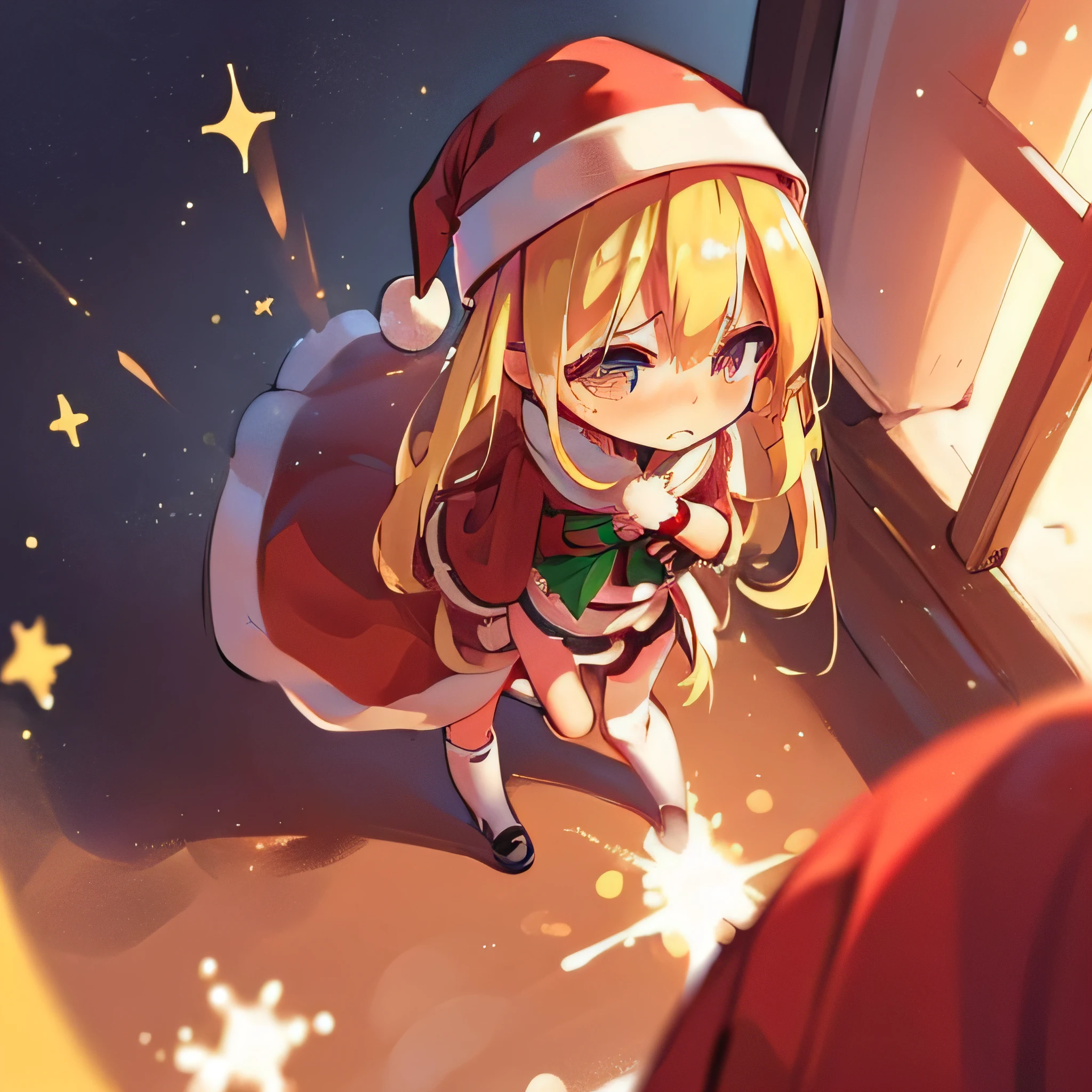 Realistic,(natta), ((2 head body)),Wide Angle,(lascivious),Wide Angle,1girl in,blondehair,((shame)), embarrassed,blushed,Wide Angle,From above,((Mini Skirt Santa Costume)), llight rays, Glow, (masutepiece)