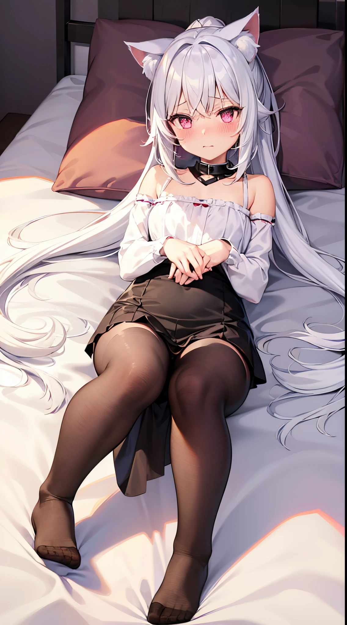 cat girl, cat tail, white hair, long hair, ponytail, pink eyes, blush, shy, lying on the bed