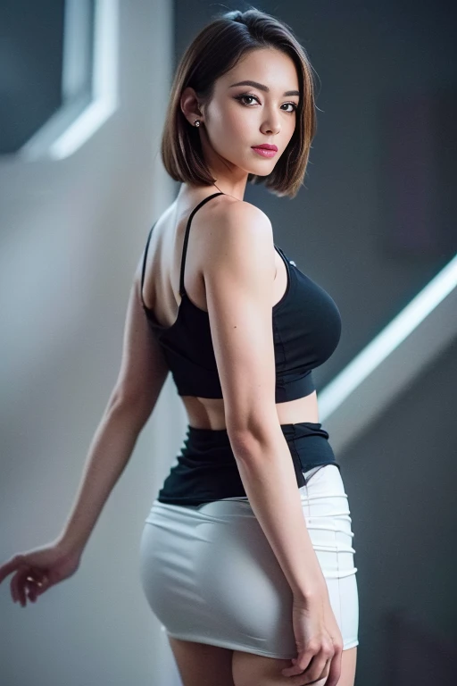 (best quality, 8k, highres, photorealistic:2.0), (one girl:2.0), very fair-skinned woman、Lustrous skin、woman looks at the viewer、Has a bright and kind smile、a woman with big eyes、Cool makeup、large full breasts、Muscular woman、big butts、White shirt、Black skirt、tight skirts、squat:1.3