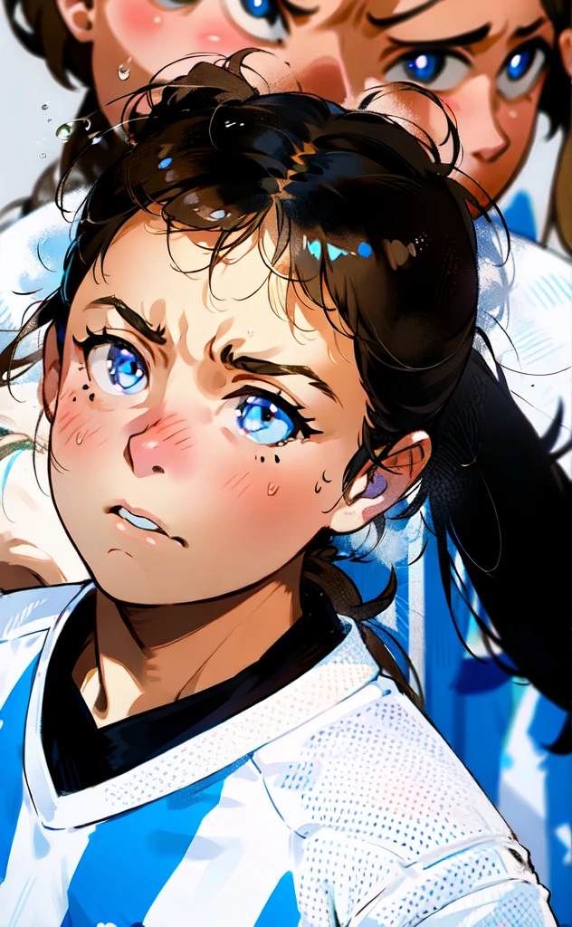 there a young girl with a soccer jersey on and a girl with a ponytail, serious focussed look, a portrait of a blue eye girl, focused face, intense expression, curious expression, innocent look, captured on canon eos r 6, concerned expression, thoughtful expression, beautiful huge eyes, close up face, closeup at the face, serious look, focused stare