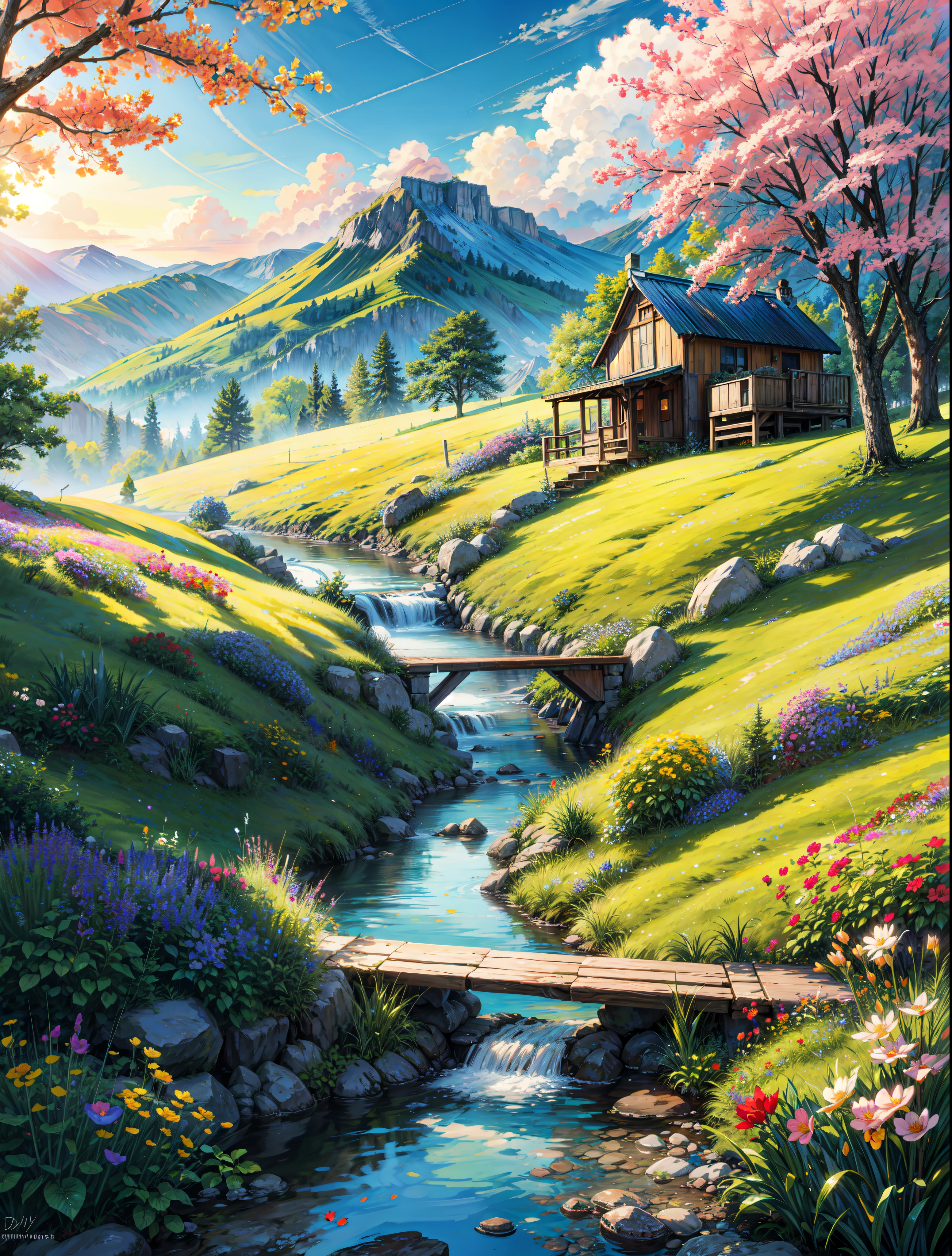 painting of a mountain garden paradise, beautiful scenery,bushes, ((colorful flowers:1.2)), sunlight over grass and flowers, dew, ((glistening look)), ((blue)) color stream water,waterwheel,dusk,waterfall,4k hd, cloud,beautiful art uhd 4 k, a beautiful artwork illustration, beautiful digital painting, highly detailed digital painting, beautiful digital artwork, detailed painting 4 k, very detailed digital painting, rich picturesque colors, gorgeous digital painting