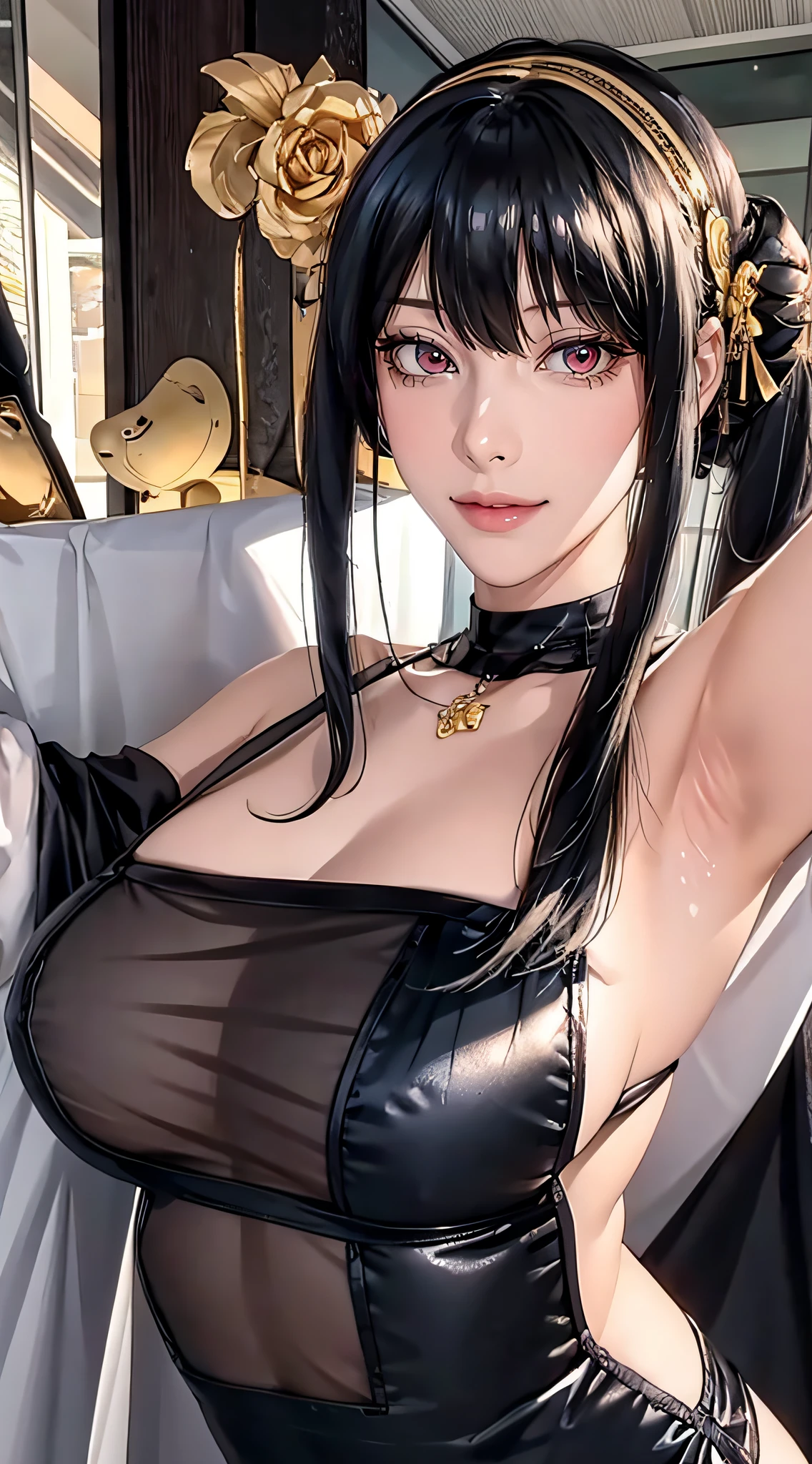 （（（Heather Rose Tartare, through bangs, side locks, shairband, Red pupils, shairband, black hair color hair,Lop, bshoulder,  鎖骨, black long dress，Hang the pendant near your neck，S-shaped body:1.7））），((tmasterpiece)),A high resolution, ((Best quality at best))，tmasterpiece，quality，Best quality，（（（ exquisite facial features，looking at viewert,There  light in the eyes，Smilingly，Self-confident ））），（（（Light and shadow interlace，Huge big breasts））），（（（1 Sister， dynamicposes, 1 girl, (complete figure:0.9), own,Human body silhouette， ((good body)),the girl poses for a photo，24 years old female model，perfect foot、Have perfect arms behind your back，plum)）））