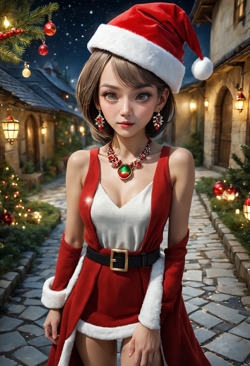 Christmas style,Mosaic clothes, external garden, flagstone road, mirai, the night, Asymmetrical hair, forehead jewel, (santa hat), bead necklace, hoop earings, smug, hyper realisitc, mirai, hyper realisitc, artistic décor, concept-art, Three-dimensional future, lightand shade contrast, Ray traching, mosaic art, wide wide shot, Best quality at best, A high resolution, Award-Awarded, tmasterpiece, 4K
