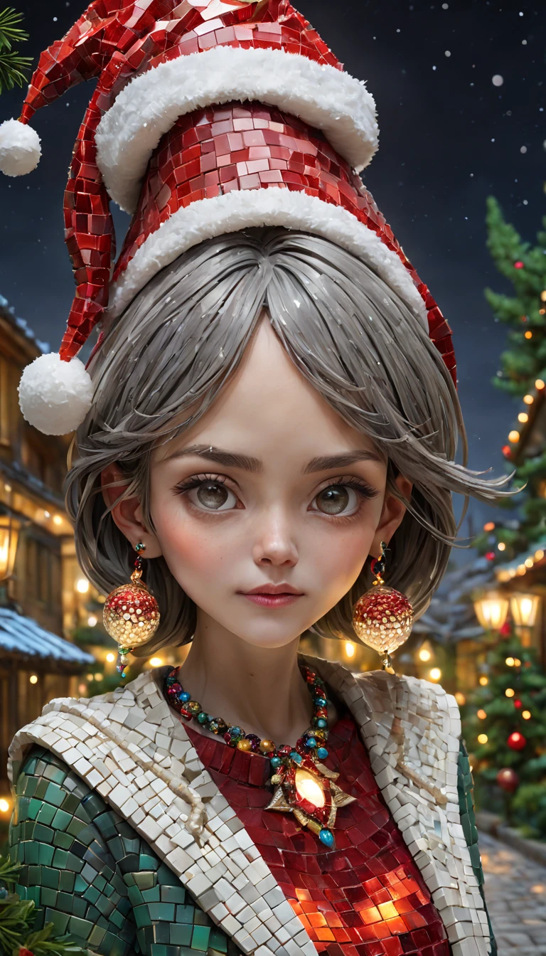 Christmas style,mosaic sculpture, external garden, flagstone road, mirai, the night, Asymmetrical hair, forehead jewel, santa hat, bead necklace, hoop earings, smug, hyper realisitc, mirai, hyper realisitc, artistic décor, concept-art, Three-dimensional future, lightand shade contrast, Ray traching, mosaic art, wide wide shot, Best quality at best, A high resolution, Award-Awarded, tmasterpiece, 4K