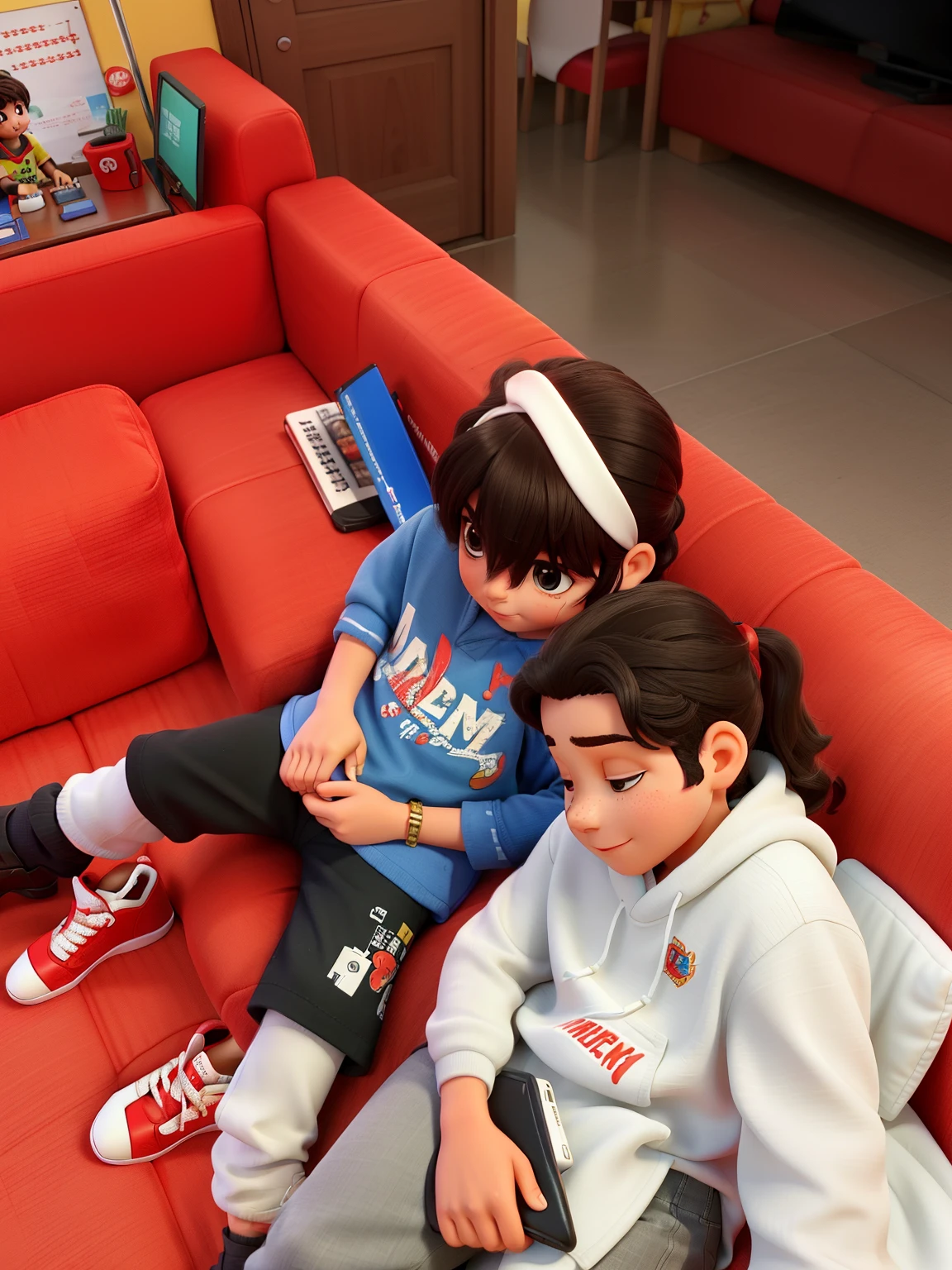 Uma foto de melhores amigos, a girl and a boy on a red sofa